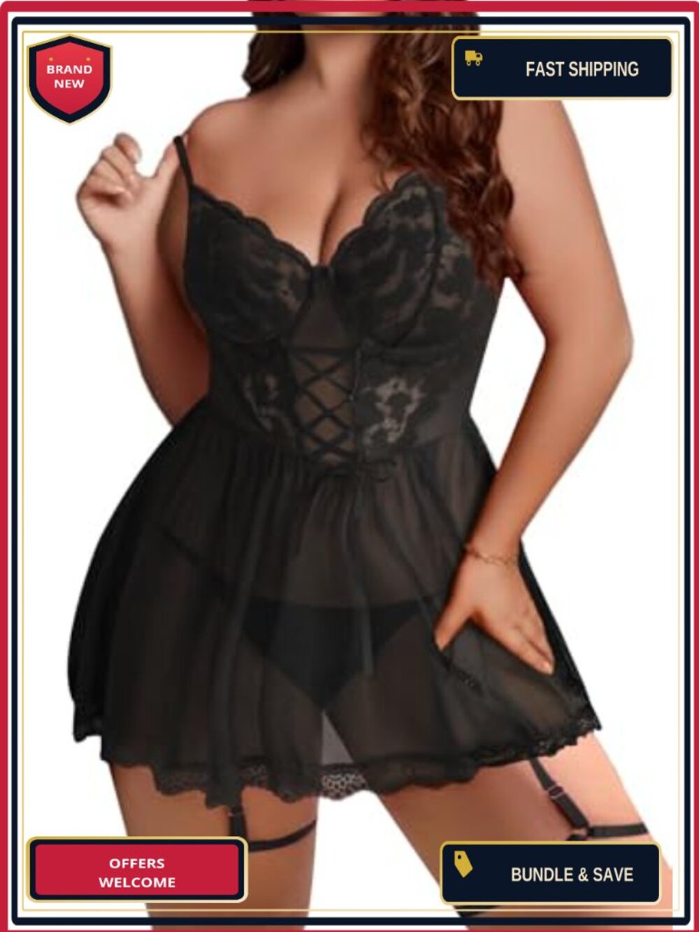 Plus Size Mesh Babydoll Lingerie Set Lace Up Corset Garter Belt Nightgown